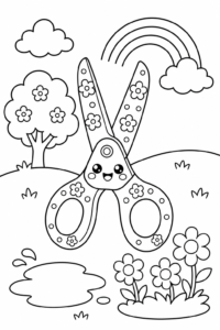 Cute Kawaii Scissors with Flower Patterns Coloring Sheet coloring page