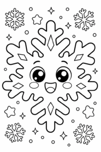 Cute Kawaii Snowflake with a Happy Face Coloring Card coloring page