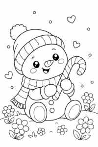 Cute Kawaii Snowman Holding a Candy Cane Doodle Card coloring page