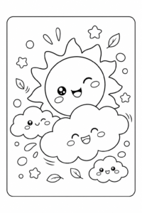 Cute Kawaii Sun Smiling Over Clouds Printable Card coloring page
