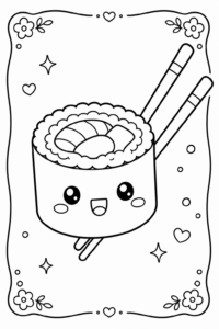 Cute Kawaii Sushi Roll with Chopsticks Coloring Card coloring page