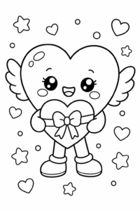 Cute Kawaii Valentine Heart with Wings Coloring Card coloring page
