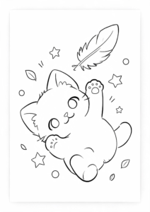 Cute Kitten Playing with a Feather Coloring Card coloring page