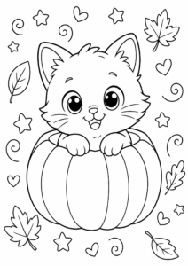 Cute Kitten Sitting in a Pumpkin Coloring Page coloring page