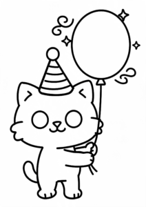 Cute Kitten Wearing a Party Hat Coloring Card coloring page