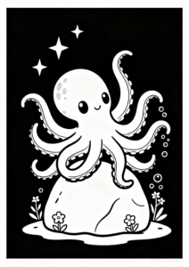 Cute Kraken Sitting on a Rock Printable Coloring Page coloring page