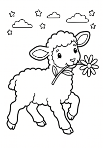 Cute Lamb Sitting with Spring Flowers Coloring Card coloring page