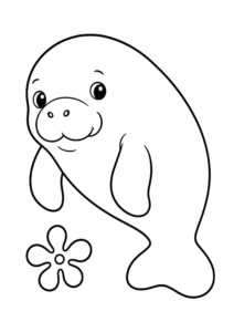 Cute Manatee Floating with Sea Flowers Doodle Card coloring page