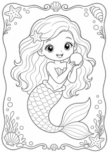 Cute Mermaid Holding a Pearl Printable Coloring Page coloring page