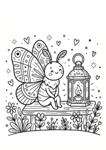 Cute Moth Resting Near a Lantern Printable Coloring Page coloring page