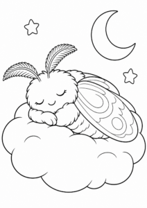 Cute Moth Sleeping on a Cloud Printable Coloring Page coloring page