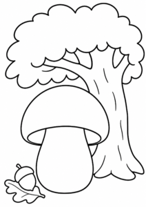 Cute Mushroom Under an Oak Tree Coloring Sheet coloring page
