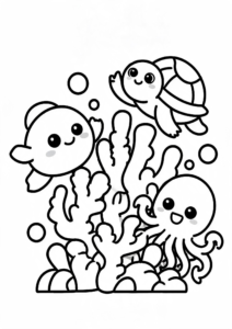 Cute Ocean Friends Around a Coral Reef Doodle Card coloring page