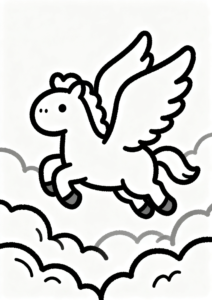 Cute Pegasus Flying Over Soft Clouds Printable Coloring Page coloring page