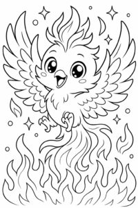 Cute Phoenix Flying Above Flames Doodle Card coloring page