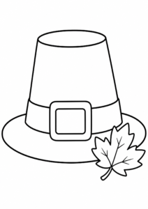 Cute Pilgrim Hat with Autumn Leaves Coloring Card coloring page