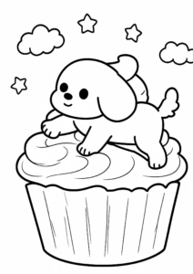 Cute Puppy Hiding in a Cupcake Coloring Page coloring page