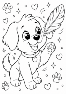 Cute Puppy Playing with a Feather Coloring Card coloring page
