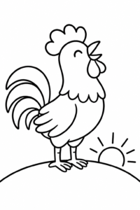 Cute Rooster Crowing at Sunrise Coloring Page coloring page