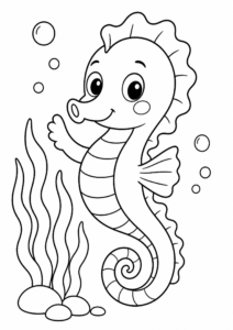 Cute Seahorse Floating Near Seaweed Coloring Card coloring page