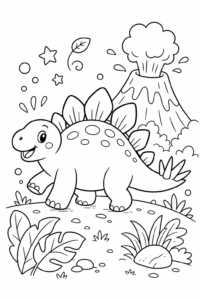 Cute Stegosaurus Walking by a Volcano Coloring Sheet coloring page