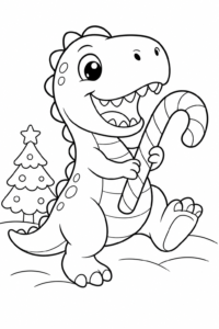 Cute T Rex Holding a Candy Cane Printable Coloring Page coloring page