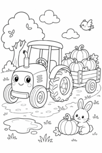 Cute Tractor Carrying Pumpkins Doodle Card coloring page