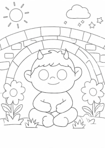 Cute Troll Sitting Under a Stone Bridge Coloring Page coloring page