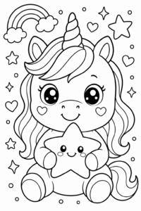 Cute Unicorn Holding a Magic Star Doodle Card coloring page