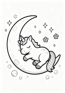 Cute Unicorn Sleeping on a Crescent Moon Coloring Sheet coloring page