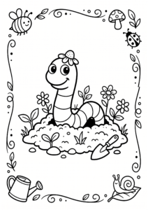 Cute Worm Peeking from the Garden Soil Printable Coloring Page coloring page