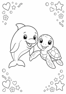 Dolphin and Turtle Swimming Together Printable Coloring Page coloring page