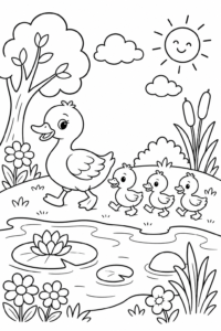 Duck Family Walking by a Pond Printable Card coloring page
