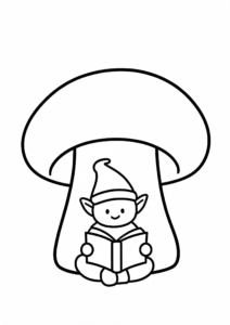 Elf Reading Under a Glowing Mushroom Doodle Page coloring page