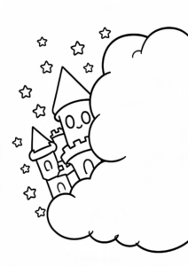 Enchanted Castle with Floating Stars Coloring Card coloring page