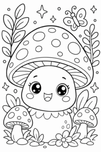 Enchanted Forest with Glowing Mushrooms Coloring Card coloring page