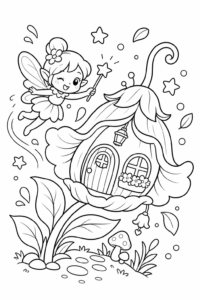 Fairy House Inside a Giant Flower Coloring Card coloring page