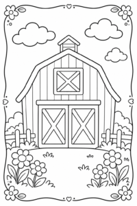 Farm Barn with Clouds and Flowers Doodle Card coloring page