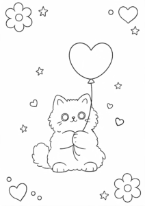 Fluffy Cat Holding a Heart Balloon Printable Card coloring page