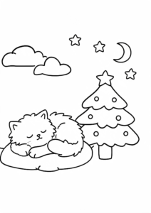Fluffy Cat Sitting Beside a Christmas Tree Printable Coloring Page coloring page