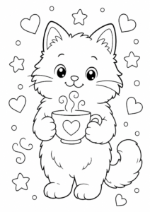 Fluffy Cat Sitting Beside a Teacup Printable Card coloring page