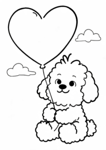 Fluffy Dog Holding a Heart Balloon Printable Card coloring page