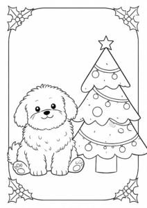 Fluffy Dog Sitting Beside a Christmas Tree Printable Coloring Page coloring page