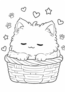 Fluffy Kitten Sleeping in a Basket Printable Coloring Page coloring page