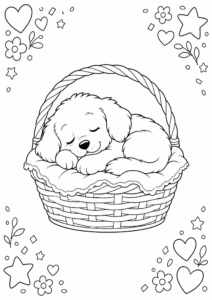 Fluffy Puppy Sleeping in a Basket Printable Coloring Page coloring page