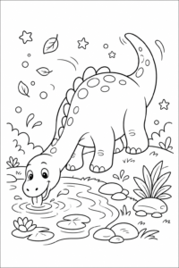 Friendly Brontosaurus Drinking from a Pond Coloring Card coloring page