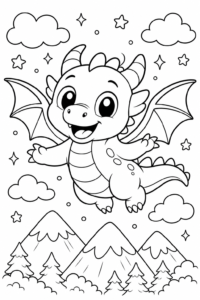Friendly Dragon Flying Over Mountains Printable Card coloring page