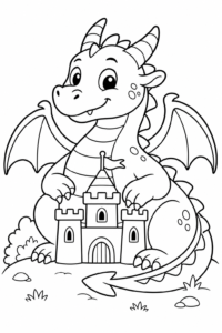 Friendly Dragon Guarding a Tiny Castle Printable Card coloring page