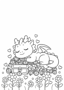 Friendly Dragon Sleeping on a Treasure Pile Coloring Page coloring page