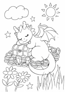 Friendly Dragon Sleeping on Treasure Coloring Page coloring page
